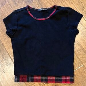 Brandy Melville Black Tee with Red Plaid Trim
